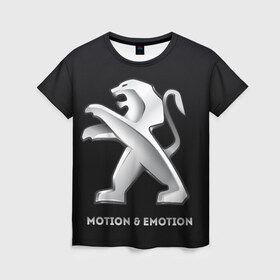 Женская футболка 3D с принтом Motion & Emotion в Санкт-Петербурге, 100% полиэфир ( синтетическое хлопкоподобное полотно) | прямой крой, круглый вырез горловины, длина до линии бедер | Тематика изображения на принте: auto | emotion | motion | peugeot | sport | авто | лого | логотип | пежо | пижо | спорт