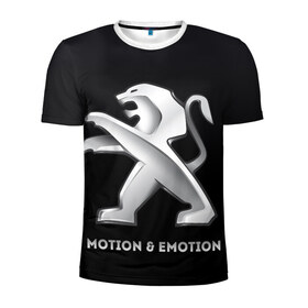 Мужская футболка 3D спортивная с принтом Motion & Emotion в Санкт-Петербурге, 100% полиэстер с улучшенными характеристиками | приталенный силуэт, круглая горловина, широкие плечи, сужается к линии бедра | auto | emotion | motion | peugeot | sport | авто | лого | логотип | пежо | пижо | спорт