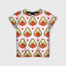 Детская футболка 3D с принтом Love Avocado в Санкт-Петербурге, 100% гипоаллергенный полиэфир | прямой крой, круглый вырез горловины, длина до линии бедер, чуть спущенное плечо, ткань немного тянется | 14 февраля | love | авокадо | вкусняшка | день святого валентина | еда | любовь | паттерн | сердечко