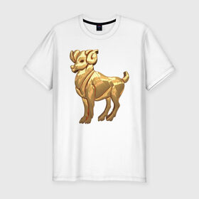 Мужская футболка хлопок Slim с принтом Овен в Санкт-Петербурге, 92% хлопок, 8% лайкра | приталенный силуэт, круглый вырез ворота, длина до линии бедра, короткий рукав | aries | zodiac signs | знаки зодиака | золотой рисунок | овен