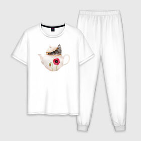 Мужская пижама хлопок с принтом Шкодливый коть в Санкт-Петербурге, 100% хлопок | брюки и футболка прямого кроя, без карманов, на брюках мягкая резинка на поясе и по низу штанин
 | кот | мурчало | подосатый | чайник | шкода