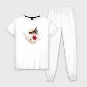 Женская пижама хлопок с принтом Шкодливый коть в Санкт-Петербурге, 100% хлопок | брюки и футболка прямого кроя, без карманов, на брюках мягкая резинка на поясе и по низу штанин | кот | мурчало | подосатый | чайник | шкода