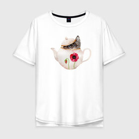 Мужская футболка хлопок Oversize с принтом Шкодливый коть в Санкт-Петербурге, 100% хлопок | свободный крой, круглый ворот, “спинка” длиннее передней части | кот | мурчало | подосатый | чайник | шкода