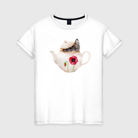Женская футболка хлопок с принтом Шкодливый коть в Санкт-Петербурге, 100% хлопок | прямой крой, круглый вырез горловины, длина до линии бедер, слегка спущенное плечо | кот | мурчало | подосатый | чайник | шкода