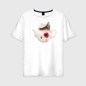 Женская футболка хлопок Oversize с принтом Шкодливый коть в Санкт-Петербурге, 100% хлопок | свободный крой, круглый ворот, спущенный рукав, длина до линии бедер
 | кот | мурчало | подосатый | чайник | шкода