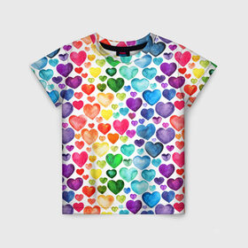 Детская футболка 3D с принтом Радужные сердечки в Санкт-Петербурге, 100% гипоаллергенный полиэфир | прямой крой, круглый вырез горловины, длина до линии бедер, чуть спущенное плечо, ткань немного тянется | Тематика изображения на принте: 8 марта | love | девочки | женская | любовь | подружке | сердечки