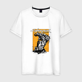 Мужская футболка хлопок с принтом Cyberpunk 2077 в Санкт-Петербурге, 100% хлопок | прямой крой, круглый вырез горловины, длина до линии бедер, слегка спущенное плечо. | cyberpunk 2077 | игра | киберпанк 2077 | мотоцикл | оружие | персонаж