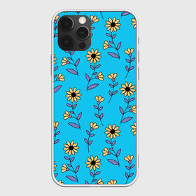 Чехол для iPhone 12 Pro Max с принтом Желтые цветы на голубом фоне в Санкт-Петербурге, Силикон |  | Тематика изображения на принте: 8 марта | flowers | summer | ботаническая иллюстрация | весна | желтый | лето | любовь | подсолнухи | праздник | принт | природа | растения | фиолетовый | цветы
