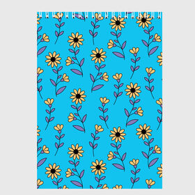 Скетчбук с принтом Желтые цветы на голубом фоне в Санкт-Петербурге, 100% бумага
 | 48 листов, плотность листов — 100 г/м2, плотность картонной обложки — 250 г/м2. Листы скреплены сверху удобной пружинной спиралью | Тематика изображения на принте: 8 марта | flowers | summer | ботаническая иллюстрация | весна | желтый | лето | любовь | подсолнухи | праздник | принт | природа | растения | фиолетовый | цветы