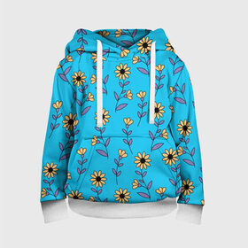 Детская толстовка 3D с принтом Желтые цветы на голубом фоне в Санкт-Петербурге, 100% полиэстер | двухслойный капюшон со шнурком для регулировки, мягкие манжеты на рукавах и по низу толстовки, спереди карман-кенгуру с мягким внутренним слоем | 8 марта | flowers | summer | ботаническая иллюстрация | весна | желтый | лето | любовь | подсолнухи | праздник | принт | природа | растения | фиолетовый | цветы