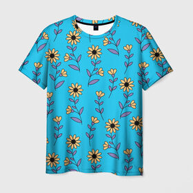 Мужская футболка 3D с принтом Желтые цветы на голубом фоне в Санкт-Петербурге, 100% полиэфир | прямой крой, круглый вырез горловины, длина до линии бедер | 8 марта | flowers | summer | ботаническая иллюстрация | весна | желтый | лето | любовь | подсолнухи | праздник | принт | природа | растения | фиолетовый | цветы