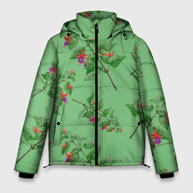 Мужская зимняя куртка 3D с принтом Фуксии на светло зеленом фоне в Санкт-Петербурге, верх — 100% полиэстер; подкладка — 100% полиэстер; утеплитель — 100% полиэстер | длина ниже бедра, свободный силуэт Оверсайз. Есть воротник-стойка, отстегивающийся капюшон и ветрозащитная планка. 

Боковые карманы с листочкой на кнопках и внутренний карман на молнии. | Тематика изображения на принте: 8 марта | flowers | summer | ботаническая иллюстрация | весна | зеленый | красный | лето | любовь | праздник | принт | природа | растения | фиолетовый | фуксия | цветы