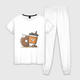 Женская пижама хлопок с принтом Сладкая жизнь в Санкт-Петербурге, 100% хлопок | брюки и футболка прямого кроя, без карманов, на брюках мягкая резинка на поясе и по низу штанин | coffee | вкусняшки | кофе | пончик | сладости