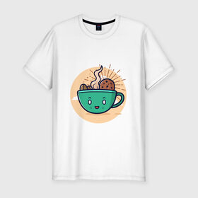 Мужская футболка хлопок Slim с принтом Для любителей кофе в Санкт-Петербурге, 92% хлопок, 8% лайкра | приталенный силуэт, круглый вырез ворота, длина до линии бедра, короткий рукав | кофе | печенье | топпинг
