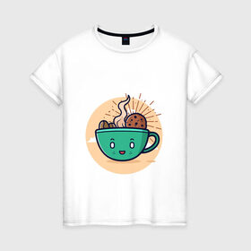 Женская футболка хлопок с принтом Для любителей кофе в Санкт-Петербурге, 100% хлопок | прямой крой, круглый вырез горловины, длина до линии бедер, слегка спущенное плечо | кофе | печенье | топпинг