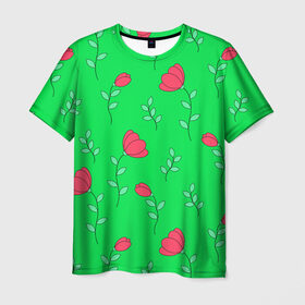 Мужская футболка 3D с принтом Тюльпаны на салатовом фоне в Санкт-Петербурге, 100% полиэфир | прямой крой, круглый вырез горловины, длина до линии бедер | Тематика изображения на принте: 8 марта | flowers | summer | ботаническая иллюстрация | весна | зеленый | красный | лето | листья | любовь | праздник | принт | природа | растения | салатовый | тюльпаны | цветы