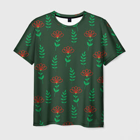 Мужская футболка 3D с принтом Цветочки и зеленые листики в Санкт-Петербурге, 100% полиэфир | прямой крой, круглый вырез горловины, длина до линии бедер | 8 марта | flowers | summer | ботаническая иллюстрация | весна | зеленый | красный | лето | листья | любовь | праздник | принт | природа | растения | цветы