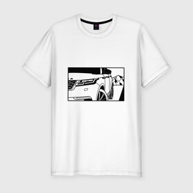 Мужская футболка хлопок Slim с принтом Range Rover Evoque Черно-белый в Санкт-Петербурге, 92% хлопок, 8% лайкра | приталенный силуэт, круглый вырез ворота, длина до линии бедра, короткий рукав | range rover evoque | горы | дорога | иллюстрация | колеса | машина | фары | черно белый