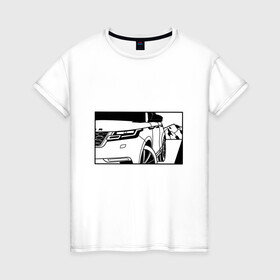 Женская футболка хлопок с принтом Range Rover Evoque Черно-белый в Санкт-Петербурге, 100% хлопок | прямой крой, круглый вырез горловины, длина до линии бедер, слегка спущенное плечо | range rover evoque | горы | дорога | иллюстрация | колеса | машина | фары | черно белый