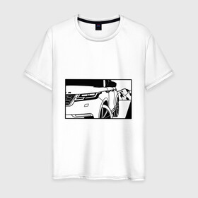 Мужская футболка хлопок с принтом Range Rover Evoque Черно-белый в Санкт-Петербурге, 100% хлопок | прямой крой, круглый вырез горловины, длина до линии бедер, слегка спущенное плечо. | Тематика изображения на принте: range rover evoque | горы | дорога | иллюстрация | колеса | машина | фары | черно белый