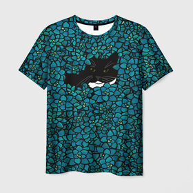 Мужская футболка 3D с принтом Чёрная киса в Санкт-Петербурге, 100% полиэфир | прямой крой, круглый вырез горловины, длина до линии бедер | домашние животные | звери | киса | кисуля | кот | коты | кошка | кошки | синяя | цветочки | цветы | черный кот