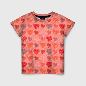 Детская футболка 3D с принтом Сердечки в Санкт-Петербурге, 100% гипоаллергенный полиэфир | прямой крой, круглый вырез горловины, длина до линии бедер, чуть спущенное плечо, ткань немного тянется | 14 февраля | 8 марта | love | девочки | день святого валентина | женская | любовь | подружке | сердечки