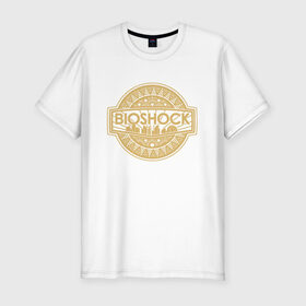 Мужская футболка хлопок Slim с принтом Bioshock Golden Logo в Санкт-Петербурге, 92% хлопок, 8% лайкра | приталенный силуэт, круглый вырез ворота, длина до линии бедра, короткий рукав | bioshock infinite | little sister | биошок | большой папочка | винтаж | ретро | сестра