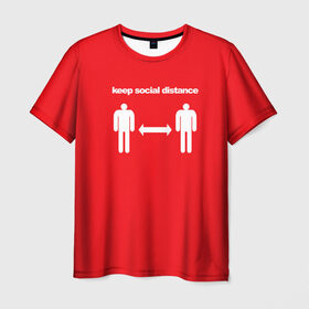 Мужская футболка 3D с принтом Соблюдай дистанцию в Санкт-Петербурге, 100% полиэфир | прямой крой, круглый вырез горловины, длина до линии бедер | антикоронавирус | знаки | ковид | коронавирус | красный с белым | соблюдай дистанцию