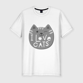 Мужская футболка хлопок Slim с принтом I love cats в Санкт-Петербурге, 92% хлопок, 8% лайкра | приталенный силуэт, круглый вырез ворота, длина до линии бедра, короткий рукав | animal | cat | i love cats | животное | зверь | кот | кошка | надписи | я люблю кошек