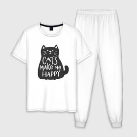 Мужская пижама хлопок с принтом Cat make me happy в Санкт-Петербурге, 100% хлопок | брюки и футболка прямого кроя, без карманов, на брюках мягкая резинка на поясе и по низу штанин
 | animal | cat | cat make me happy | животное | зверь | кот | кот делает меня счастливым | кошка | надписи