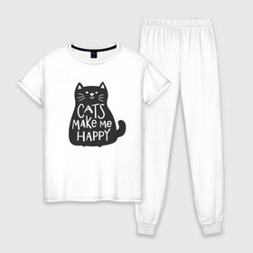 Женская пижама хлопок с принтом Cat make me happy в Санкт-Петербурге, 100% хлопок | брюки и футболка прямого кроя, без карманов, на брюках мягкая резинка на поясе и по низу штанин | animal | cat | cat make me happy | животное | зверь | кот | кот делает меня счастливым | кошка | надписи