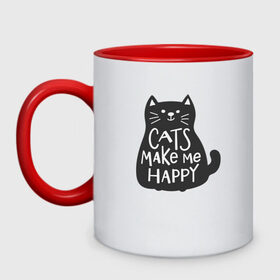 Кружка двухцветная с принтом Cat make me happy в Санкт-Петербурге, керамика | объем — 330 мл, диаметр — 80 мм. Цветная ручка и кайма сверху, в некоторых цветах — вся внутренняя часть | animal | cat | cat make me happy | животное | зверь | кот | кот делает меня счастливым | кошка | надписи