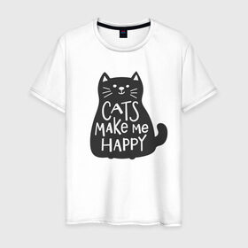 Мужская футболка хлопок с принтом Cat make me happy в Санкт-Петербурге, 100% хлопок | прямой крой, круглый вырез горловины, длина до линии бедер, слегка спущенное плечо. | animal | cat | cat make me happy | животное | зверь | кот | кот делает меня счастливым | кошка | надписи