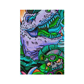 Обложка для паспорта матовая кожа с принтом Рекс динозавр в Санкт-Петербурге, натуральная матовая кожа | размер 19,3 х 13,7 см; прозрачные пластиковые крепления | Тематика изображения на принте: динозавры | инопланетянин | космос | монстры | существа | тираннозавр