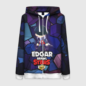 Женская толстовка 3D на молнии с принтом BRAWL STARS EDGAR в Санкт-Петербурге, 100% полиэстер | длина до линии бедра, манжеты и пояс оформлены мягкой тканевой резинкой, двухслойный капюшон со шнурком для регулировки, спереди молния, по бокам два кармана | 8 bit | brawl stars | byron | colette | crow | edgar | gale | leon | max | mr.p | sally leon | shark | virus 8 bit | werewolf leon | акула | байрон | берли | бравл старс | ворон | коллет | макс | оборотень | эдгар