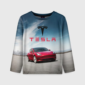 Детский лонгслив 3D с принтом Tesla Model 3 в Санкт-Петербурге, 100% полиэстер | длинные рукава, круглый вырез горловины, полуприлегающий силуэт
 | 3 | america | auto | car | electric | elon | model | motors | musk | tesla | usa | vehicle | авто | америка | илон | маск | модель | сша | тесла | электромобиль
