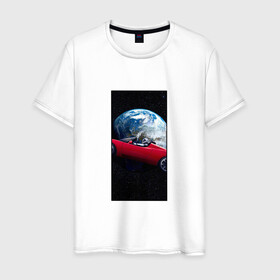 Мужская футболка хлопок с принтом Тесла в космосе в Санкт-Петербурге, 100% хлопок | прямой крой, круглый вырез горловины, длина до линии бедер, слегка спущенное плечо. | звезды | земля | космонавт | космос | красный | машина | облака | тесла