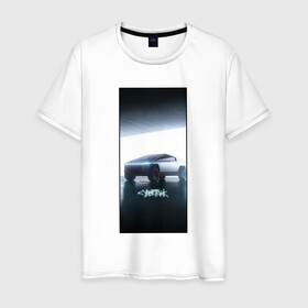 Мужская футболка хлопок с принтом Кибертрак в Санкт-Петербурге, 100% хлопок | прямой крой, круглый вырез горловины, длина до линии бедер, слегка спущенное плечо. | будущее | гараж | иллюстрация | кибертрак | машина | тень | тесла | фары | фотошоп