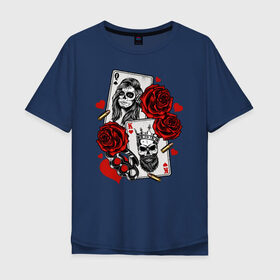 Мужская футболка хлопок Oversize с принтом Король и Королева в Санкт-Петербурге, 100% хлопок | свободный крой, круглый ворот, “спинка” длиннее передней части | cards | king | love | queen. roses | skull | valentines day | день святого валентина | карты | королева | король | любовь | розы | череп