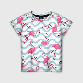 Детская футболка 3D с принтом Фламинго | Волны в Санкт-Петербурге, 100% гипоаллергенный полиэфир | прямой крой, круглый вырез горловины, длина до линии бедер, чуть спущенное плечо, ткань немного тянется | birds | drawing | fashion | feathers | flamingo | graphics | illustration | pink | stand | style | wings | youth | графика | иллюстрация | картинка | клюв | красивые | крылья | мода | молодежная | перья | птицы | рисунок | розовый | стиль | стоят