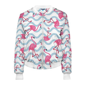 Женский бомбер 3D с принтом Фламинго | Волны в Санкт-Петербурге, 100% полиэстер | застегивается на молнию, по бокам два кармана без застежек, мягкие манжеты, по низу бомбера и на воротнике — эластичная резинка | birds | drawing | fashion | feathers | flamingo | graphics | illustration | pink | stand | style | wings | youth | графика | иллюстрация | картинка | клюв | красивые | крылья | мода | молодежная | перья | птицы | рисунок | розовый | стиль | стоят