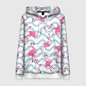 Женская толстовка 3D на молнии с принтом Фламинго | Волны в Санкт-Петербурге, 100% полиэстер | длина до линии бедра, манжеты и пояс оформлены мягкой тканевой резинкой, двухслойный капюшон со шнурком для регулировки, спереди молния, по бокам два кармана | birds | drawing | fashion | feathers | flamingo | graphics | illustration | pink | stand | style | wings | youth | графика | иллюстрация | картинка | клюв | красивые | крылья | мода | молодежная | перья | птицы | рисунок | розовый | стиль | стоят