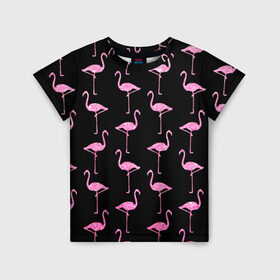 Детская футболка 3D с принтом Фламинго | Чёрная в Санкт-Петербурге, 100% гипоаллергенный полиэфир | прямой крой, круглый вырез горловины, длина до линии бедер, чуть спущенное плечо, ткань немного тянется | Тематика изображения на принте: birds | drawing | fashion | feathers | flamingo | graphics | illustration | pink | stand | style | wings | youth | графика | иллюстрация | картинка | клюв | красивые | крылья | мода | молодежная | перья | птицы | рисунок | розовый | стиль | стоят