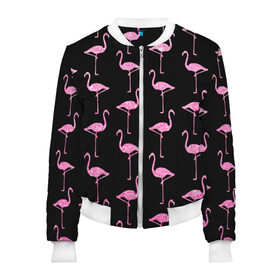 Женский бомбер 3D с принтом Фламинго | Чёрная в Санкт-Петербурге, 100% полиэстер | застегивается на молнию, по бокам два кармана без застежек, мягкие манжеты, по низу бомбера и на воротнике — эластичная резинка | birds | drawing | fashion | feathers | flamingo | graphics | illustration | pink | stand | style | wings | youth | графика | иллюстрация | картинка | клюв | красивые | крылья | мода | молодежная | перья | птицы | рисунок | розовый | стиль | стоят