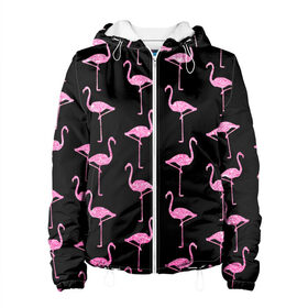 Женская куртка 3D с принтом Фламинго | Чёрная в Санкт-Петербурге, ткань верха — 100% полиэстер, подклад — флис | прямой крой, подол и капюшон оформлены резинкой с фиксаторами, два кармана без застежек по бокам, один большой потайной карман на груди. Карман на груди застегивается на липучку | birds | drawing | fashion | feathers | flamingo | graphics | illustration | pink | stand | style | wings | youth | графика | иллюстрация | картинка | клюв | красивые | крылья | мода | молодежная | перья | птицы | рисунок | розовый | стиль | стоят