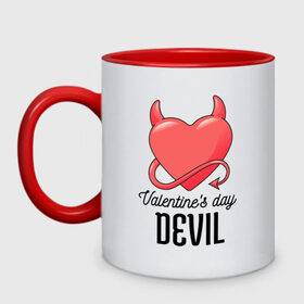 Кружка двухцветная с принтом Valentines Day Devil в Санкт-Петербурге, керамика | объем — 330 мл, диаметр — 80 мм. Цветная ручка и кайма сверху, в некоторых цветах — вся внутренняя часть | art | devil | heart | holiday | valentines day | арт | день влюбленных | день святого валентина | дьявол | праздник | сердце