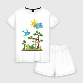 Женская пижама с шортиками хлопок с принтом birds 1 в Санкт-Петербурге, 100% хлопок | футболка прямого кроя, шорты свободные с широкой мягкой резинкой | деревья | лес | облака | природа | птицы | синяя птица
