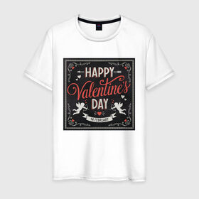 Мужская футболка хлопок с принтом Happy Valentines Day в Санкт-Петербурге, 100% хлопок | прямой крой, круглый вырез горловины, длина до линии бедер, слегка спущенное плечо. | happy valentines day | heart | holidays | valentines day | день святого валентина | надписи | праздники | сердце | черный квадрат