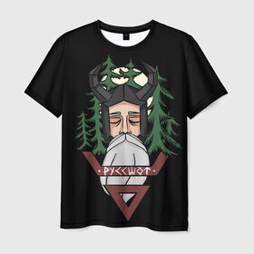 Мужская футболка 3D с принтом Велес в Санкт-Петербурге, 100% полиэфир | прямой крой, круглый вырез горловины, длина до линии бедер | боги | борода | велес | викинги | деревья | лес | мифология | перун | природа | рога | руны