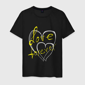 Мужская футболка хлопок с принтом Love forever в Санкт-Петербурге, 100% хлопок | прямой крой, круглый вырез горловины, длина до линии бедер, слегка спущенное плечо. | Тематика изображения на принте: белый | желтый | лав форевер | любовь | любовь навсегда | сердца